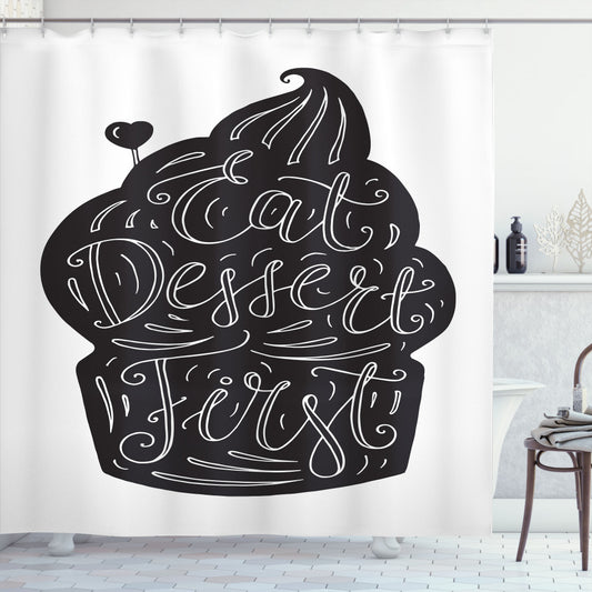 Charcoal Grey and White Monochrome Cupcake Doodle Shower Curtain - Indulge in Desserts First!