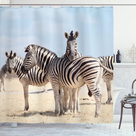 Wildlife-Inspired Namibia Africa Safari Bath Curtain in Pale Blue, Beige, and Black