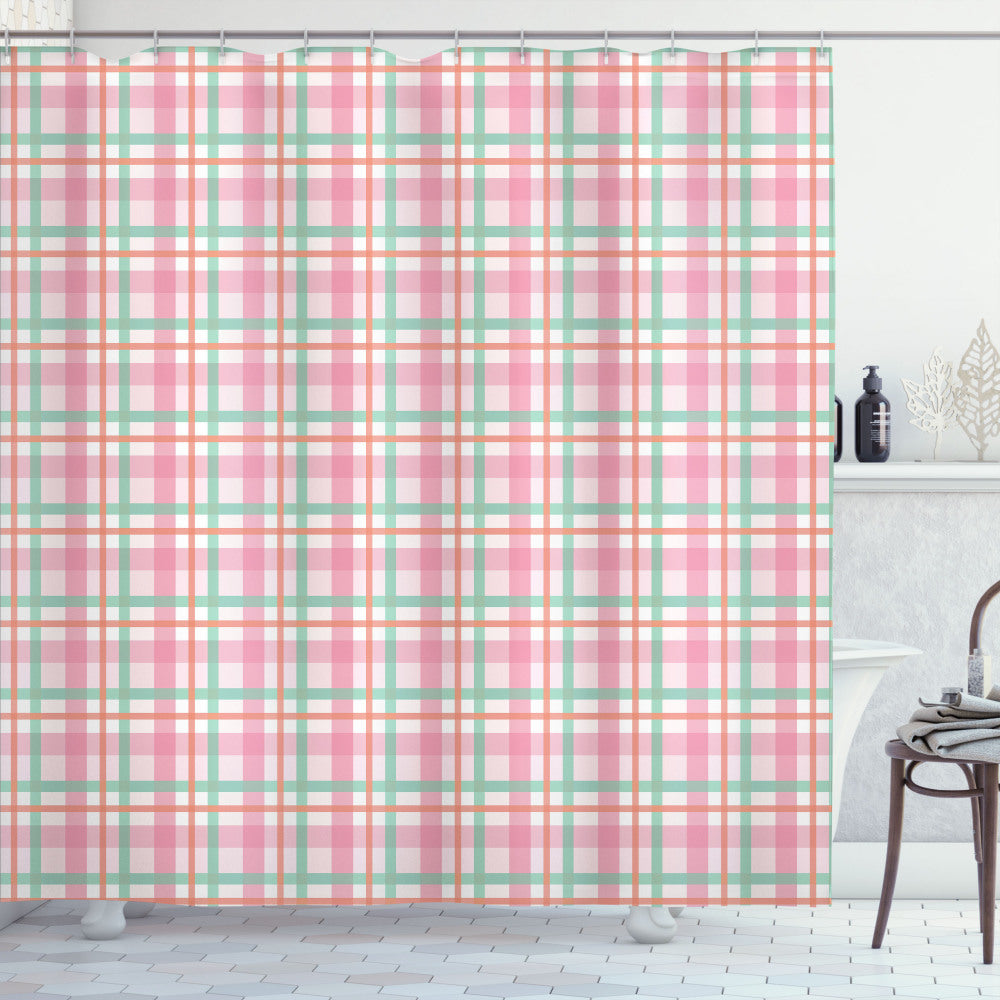 Abstract Pastel Color Checkered Shower Curtain: Pale Pink, Salmon, Mint Palette