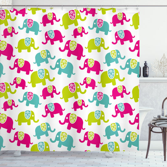 The Joyous Cartoon Elephant Nursery Shower Curtain in Green, Pink, and Blue