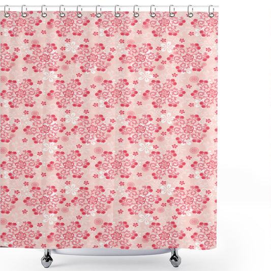 Cherry Blossom and Dark Coral Vintage Curls Shower Curtain in White and Blush Color Palette