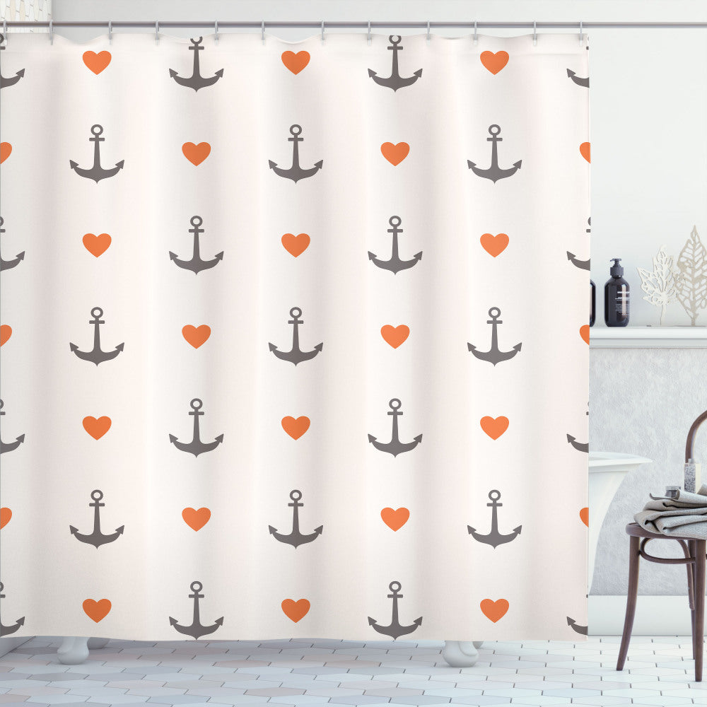 Anchor and Heart-themed Vermilion and Grey Shower Curtain