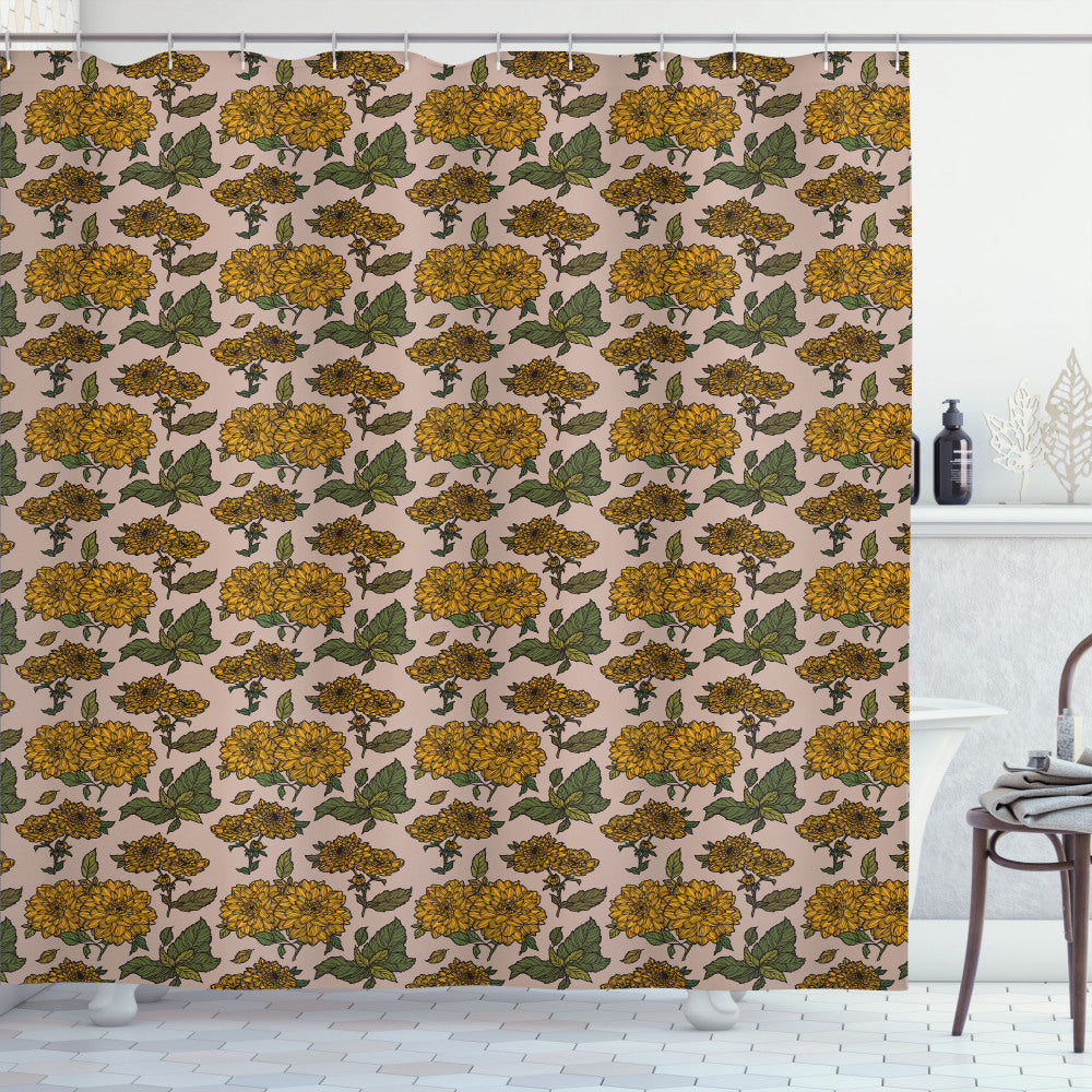 Vintage Dahlia Flowers Art: Floral Olive Green, Marigold, and Warm Taupe Shower Curtain