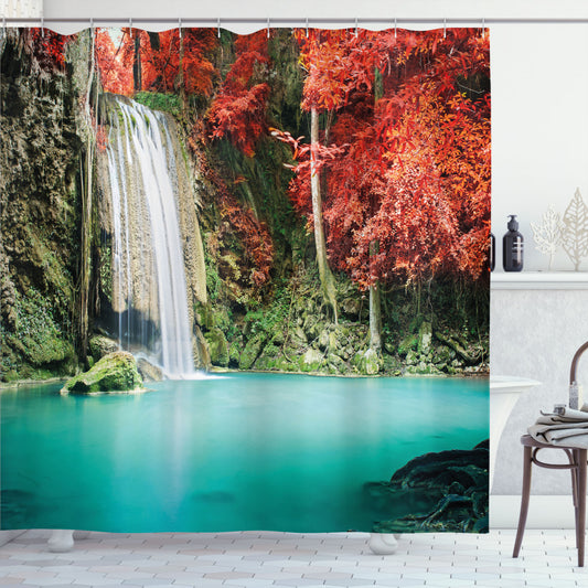 Blue and Red Fall Forest Oaks Waterfall Shower Curtain