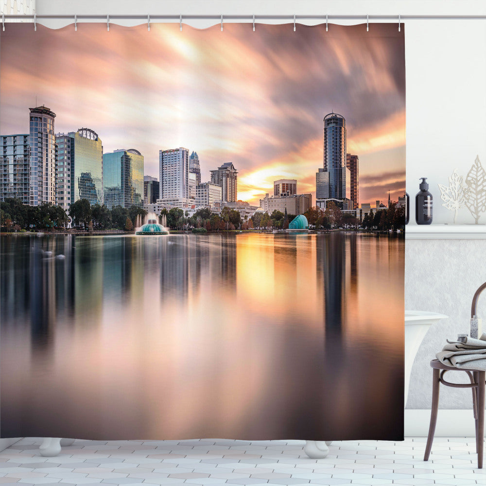 American Peach, Teal, and Grey Downtown City Skyline Shower Curtain