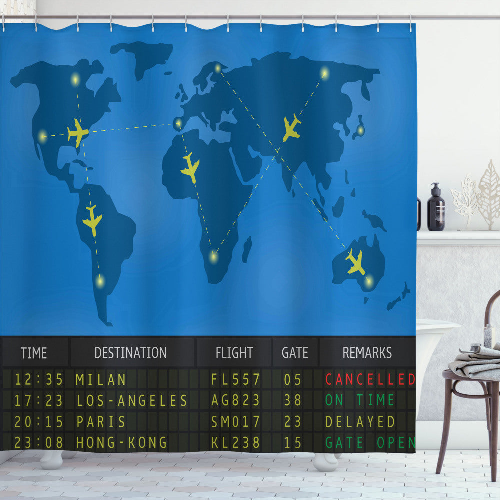 Airport Departure Board World Map Shower Curtain in Azure Blue and Multicolor