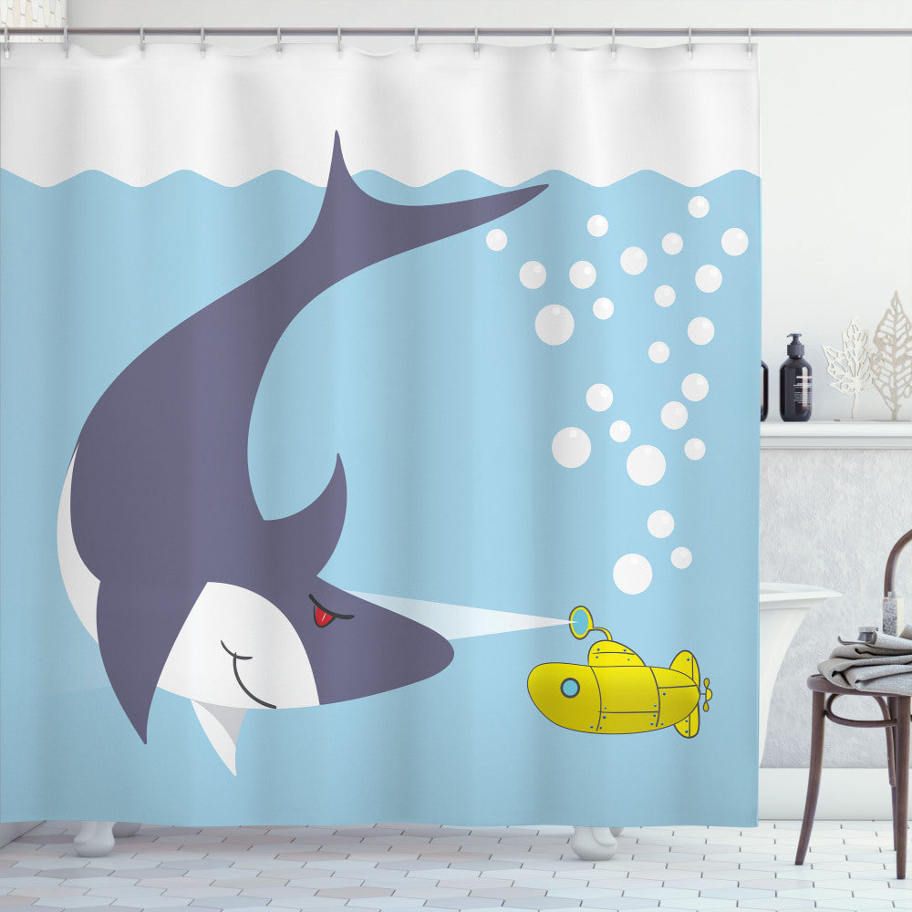 Yellow, Grey, and Blue Shark Bubbles Yellow Submarine Shower Curtain