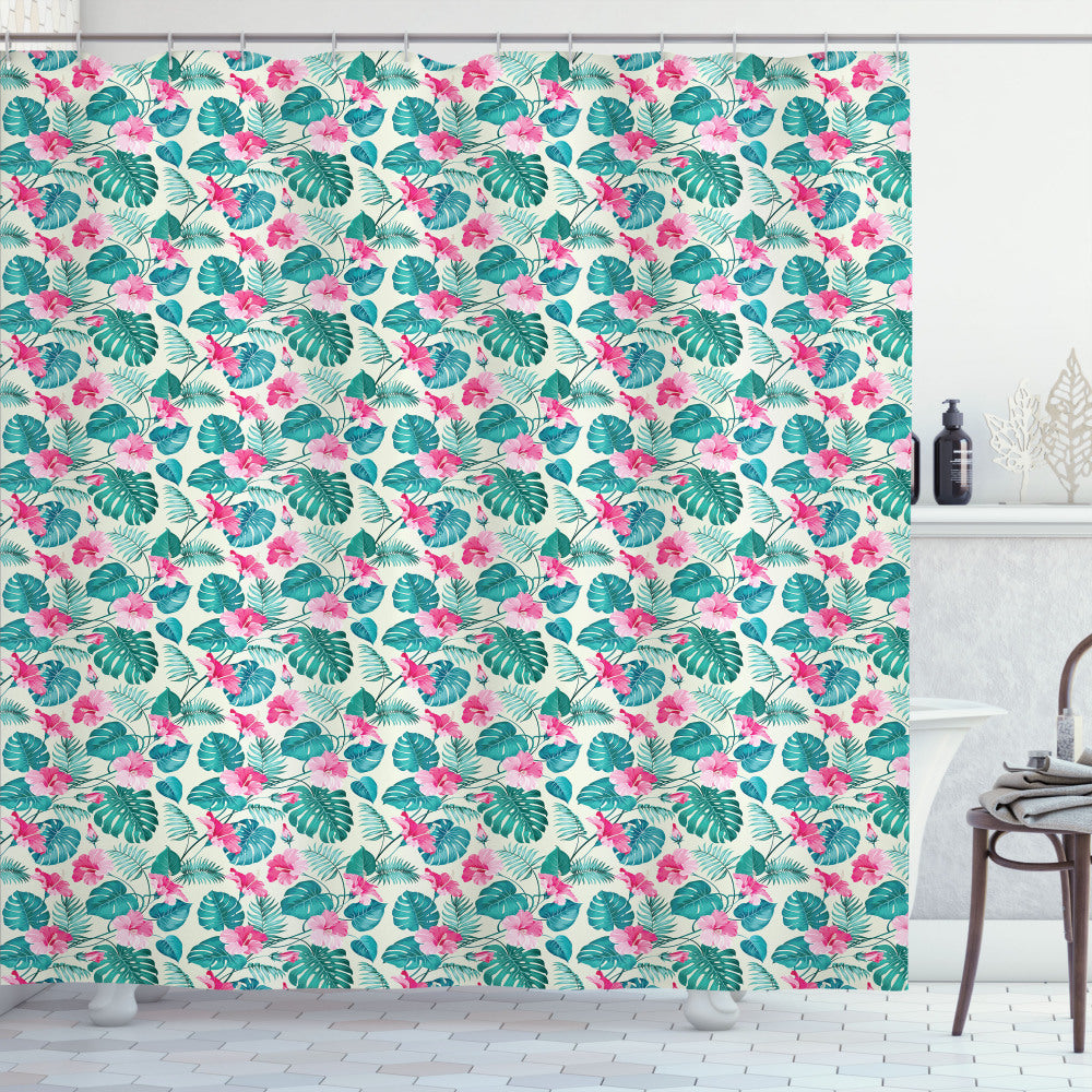 Tropical Paradise: Monstera and Palm Foliage Shower Curtain in Jungle Green, Pink, and Eggshell