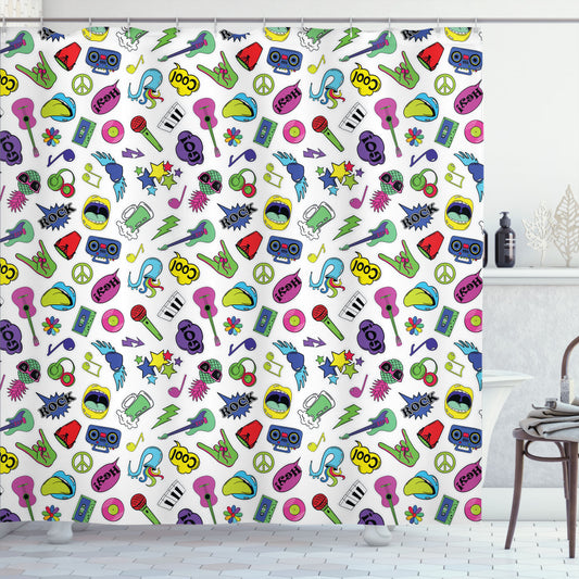 Vibrant Emoji and Multicolor Music-Themed Shower Curtain