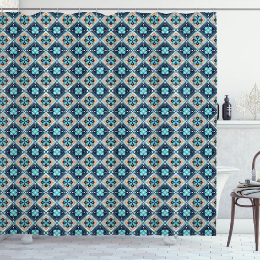 Boho-inspired Flower Motif Squares Bath Curtain in Dark Seafoam, Dark Violet Blue, and Pale Caramel