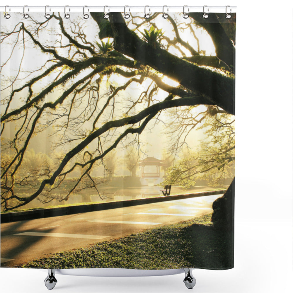 Tree-themed Bathroom Curtain in Pale Yellow, Seal Brown, and Green at Taiping Lake Gardens Woods