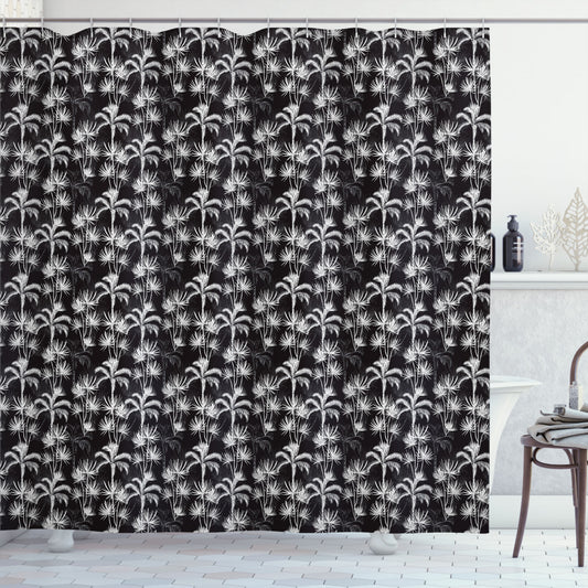 Tropical Palm Tree Sketch Bath Curtain in Charcoal Grey and White