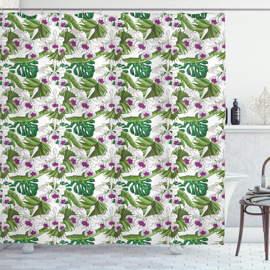 Wild Flowers Fan Palm Leaf Shower Curtain in Orchids, Dark Magenta, Pale Grey, and Green