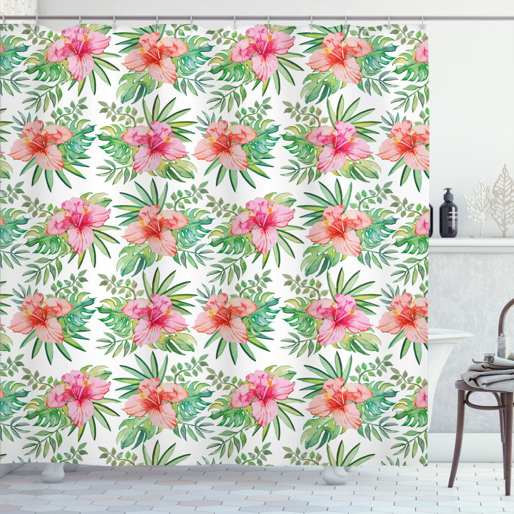 Tropical Luau Vibes: Hibiscus Monstera Palm Leaves Shower Curtain in Vermilion, Hot Pink, Sea Green, and Mustard