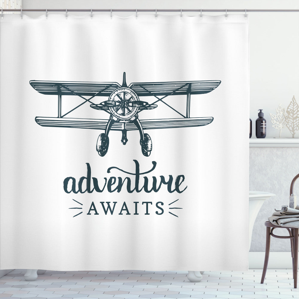 Adventure Awaits: Freedom Message Dark Petrol Blue and White Shower Curtain