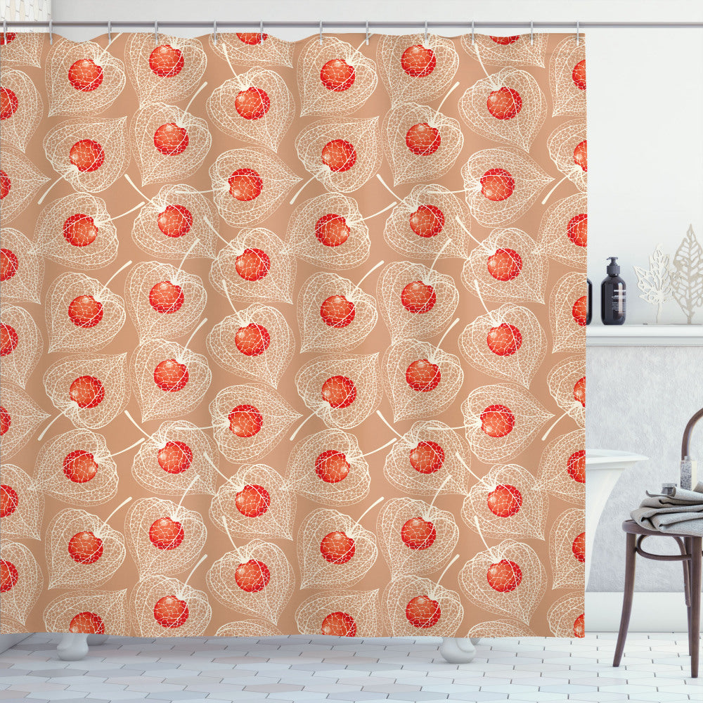 Botanical Elegance: Cape Gooseberries in Floral, Dark Sand Brown, Vermilion, and Eggshell Shower Curtain