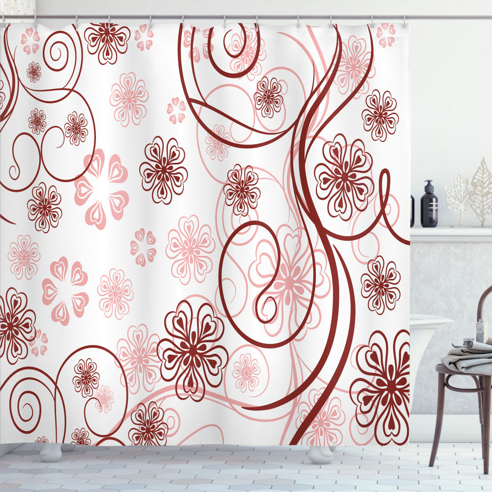 Vintage Floral Bold Lines Shower Curtain in Pale Pink, White, and Ruby Blooms