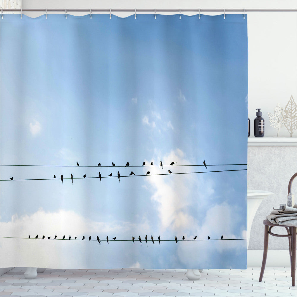 Animal-Inspired Swallows Shower Curtain in Pale Blue, White, and Black