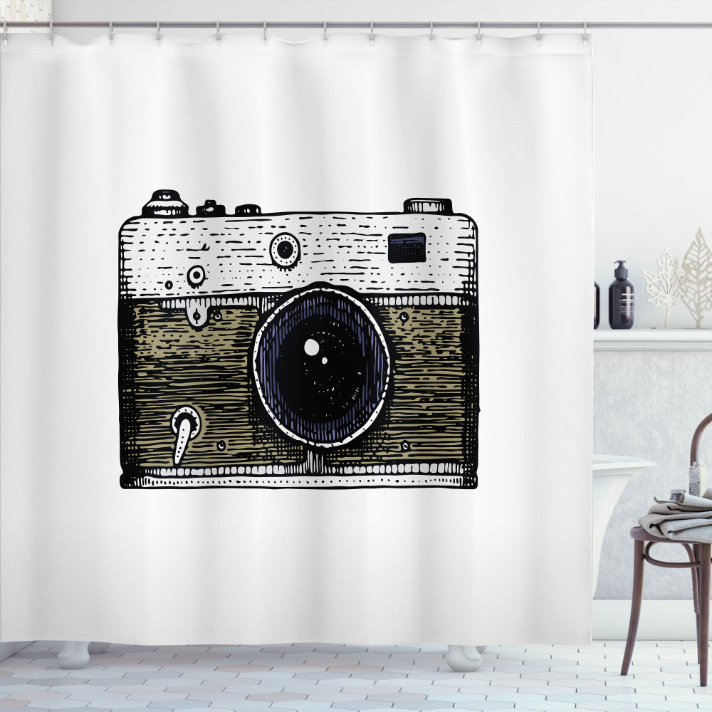 Camera-Inspired Traditional Sketch Artwork Featuring Dark Blue Grey, White, and Army Green, on a Shower Curtain