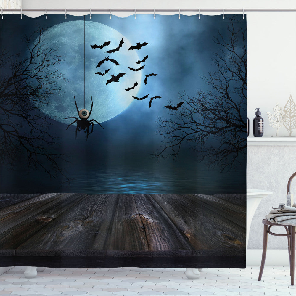 Brown and Blue Lake Scene Bat Halloween Shower Curtain