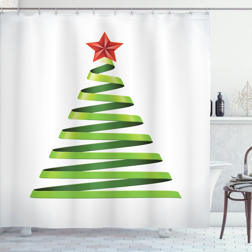 Vibrant Ribbon Tree New Year Shower Curtain in Christmas Colors of Yellow, Green, and Vermilion