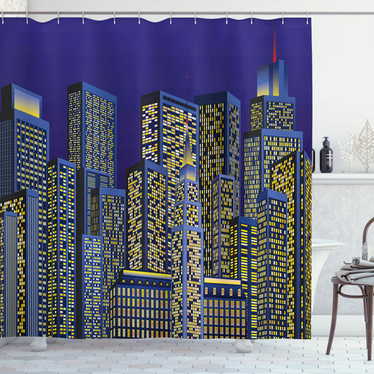 Cityscape Square Blue Digital Dark Blue and Yellow Shower Curtain