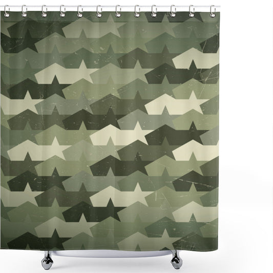 Camouflage Inspired Mosaic Grunge Shower Curtain in Dark Green, Army Green, and Khaki