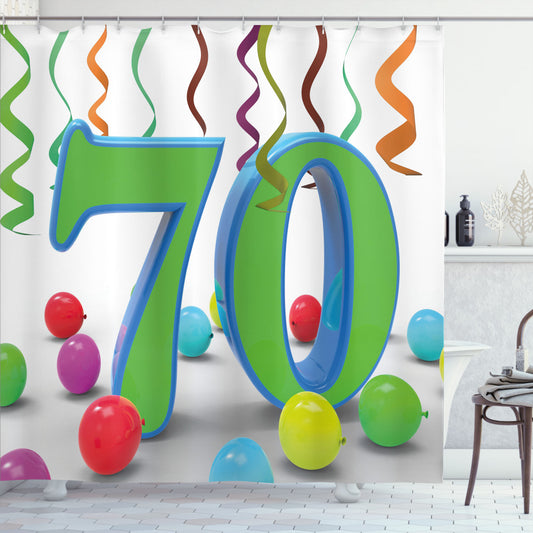 70th Birthday Celebration: Fern Green and Blue Balloons and Curls Shower Curtain