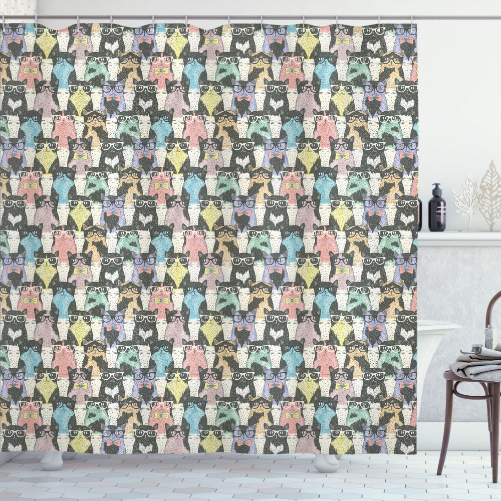 Cat-themed Multicolor Retro Hipster Bow Tie Shower Curtain