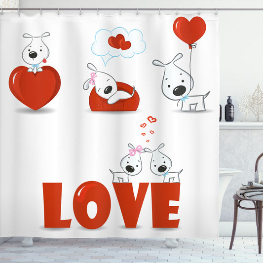 Valentine's Day Puppy Love His and Hers White and Red Shower Curtain