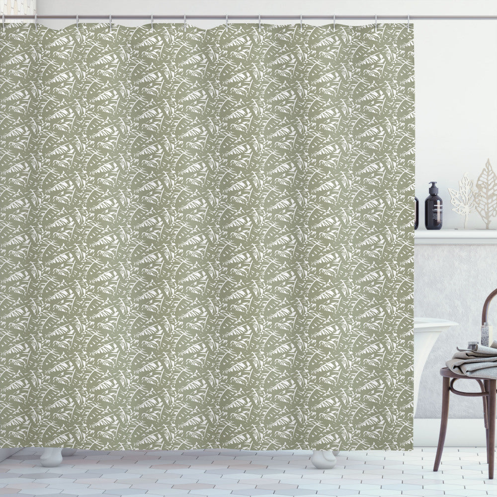 Tropical Bliss: Abstract Banana Leaves Shower Curtain in Sage Green and White