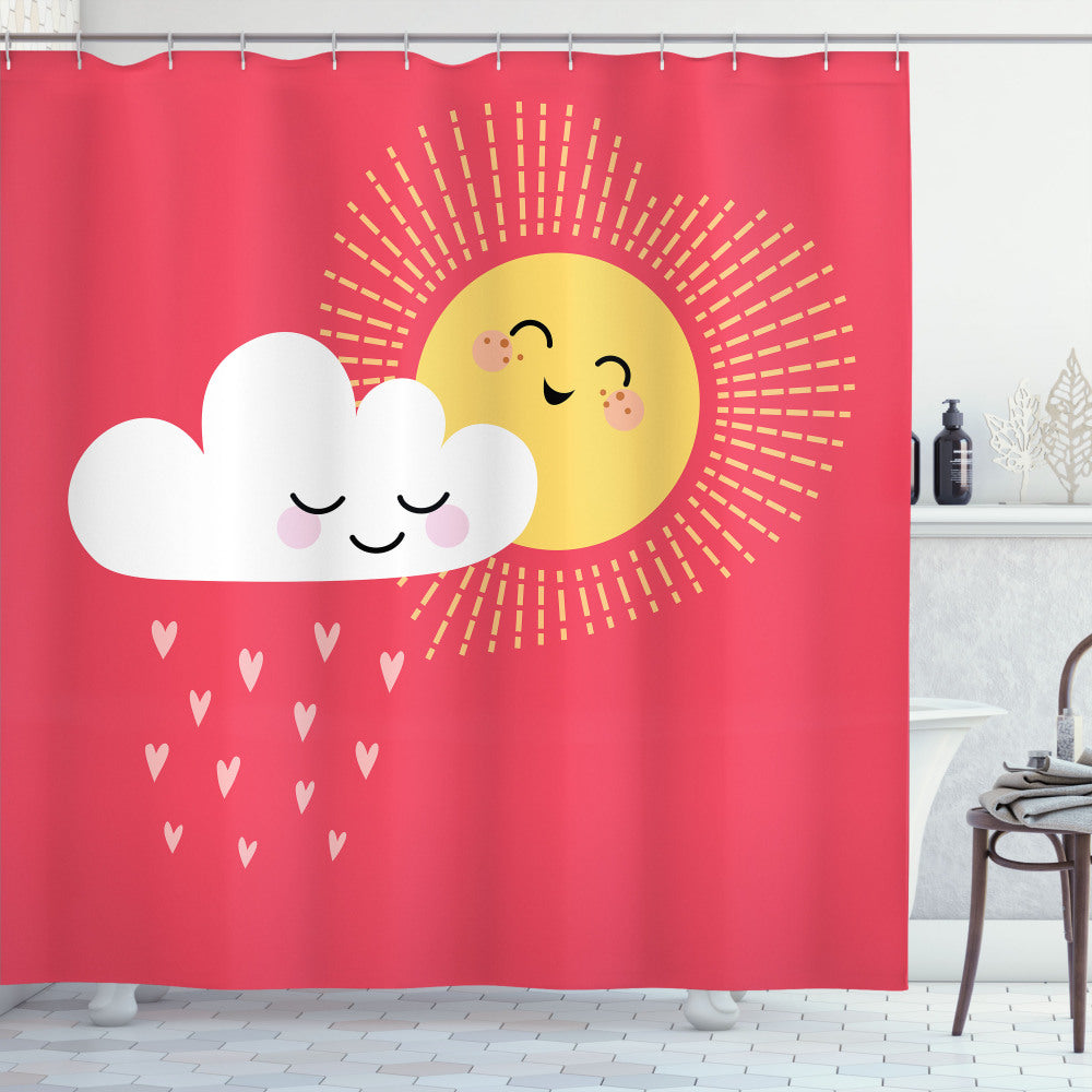 Valentines Cloud and Sun Shower Curtain in Rain, Dark Coral, Mustard, and White