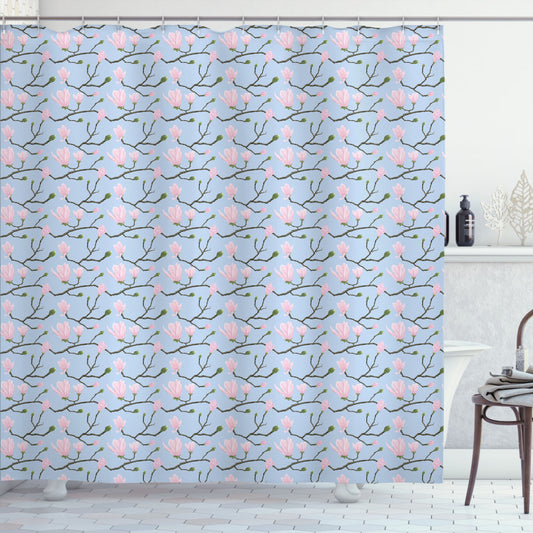 Asian Leaves Bath Curtains in a Flourishing Theme Palette of Ceil Blue, Brown, and Pink