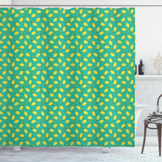 Vegan Apple Green, Sea Green, and Yellow Lemon with Leaf Shower Curtain