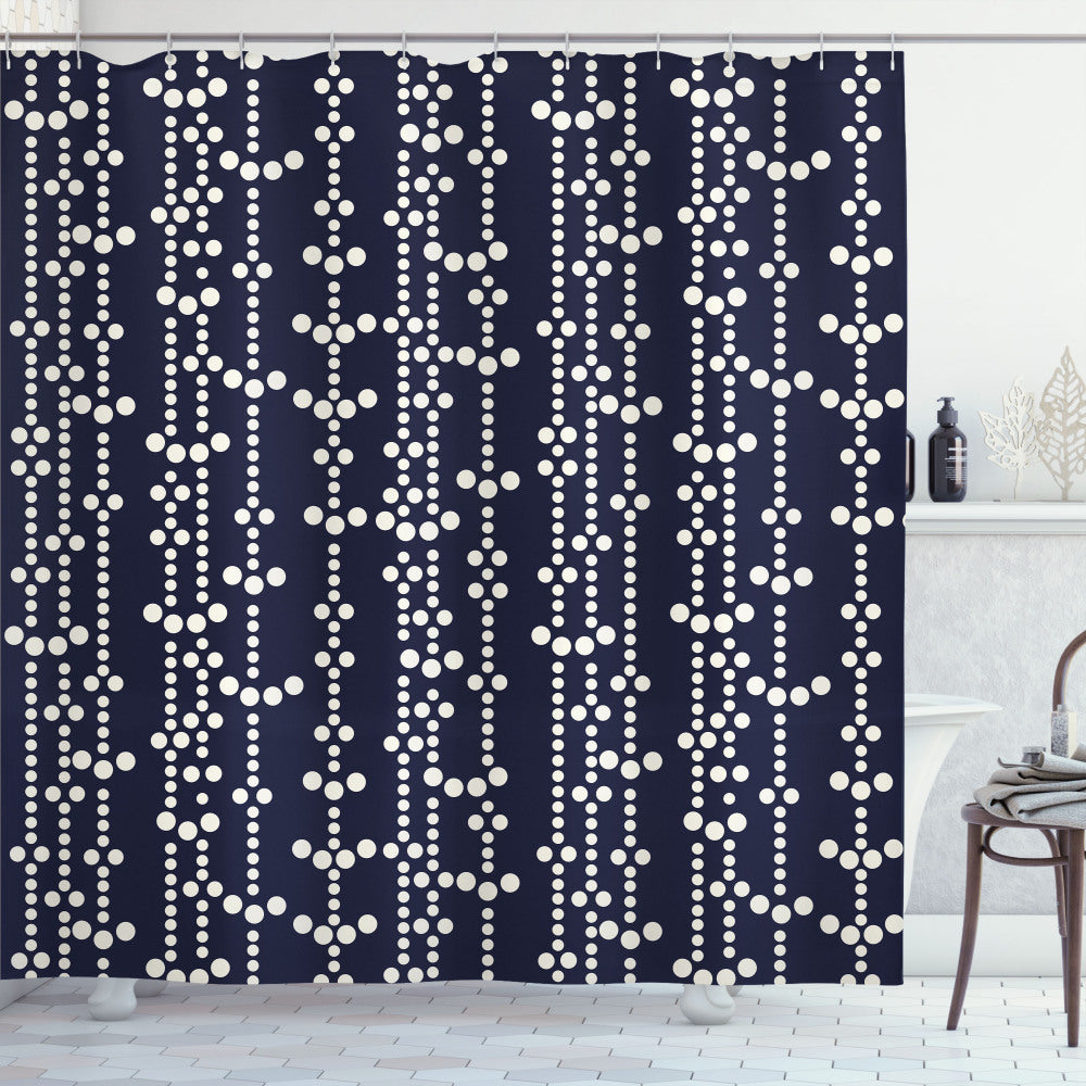 Vintage Japanese Inspired Geometric Pattern Dark Blue and Cream Shower Curtain