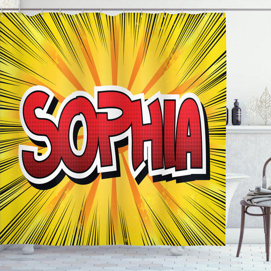 Vintage Comic Western-Inspired Shower Curtain featuring Sophia in Yellow, Black, and Red