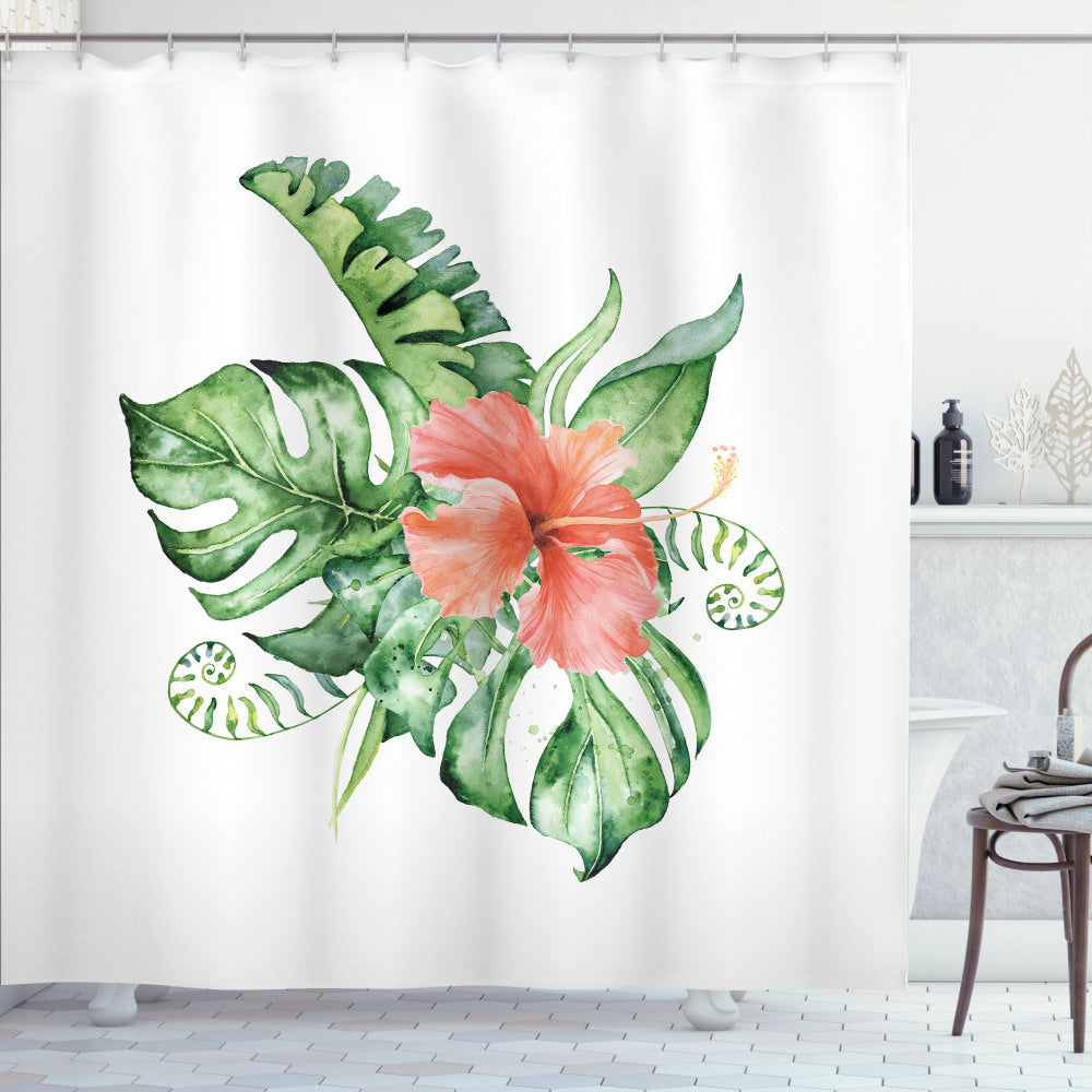 Tropical Floral Shower Curtain in Fern Green, Pistachio Green, Salmon, and Pastel Brown Bouquet Design