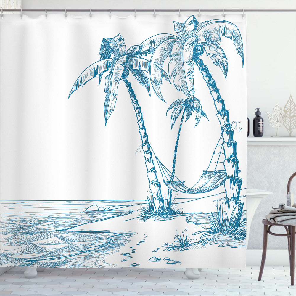 White and Blue Beach Palm Trees Shower Curtain