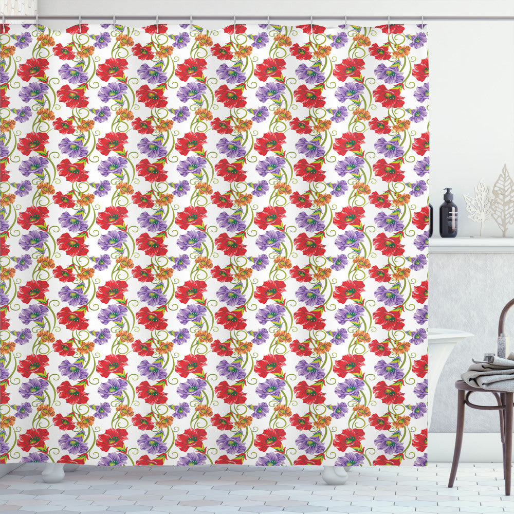 Vibrant Floral Art Shower Curtain Collection: Spring Blooms in Scarlet, Lavender Blue, Burnt Orange, and Lime Green