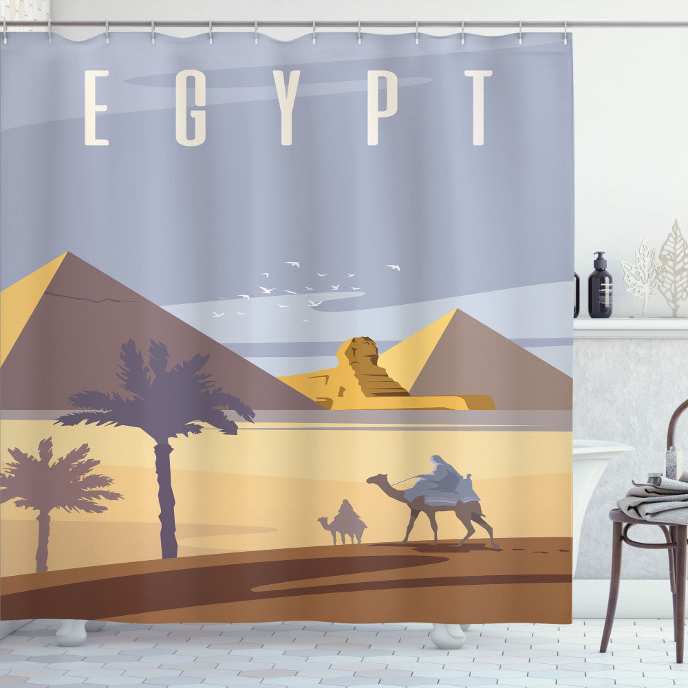 Vintage Egyptian Inspired Cleopatra Pyramids Bath Curtain in Pale Orange, Pale Eggplant, Mauve Taupe, and Purpleblue