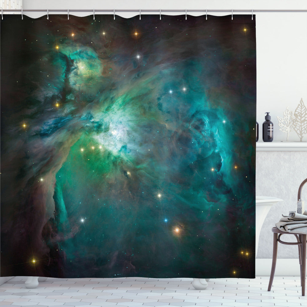 Teal and Green Nebula Star Dust Cloud Shower Curtain - Space Inspired Design