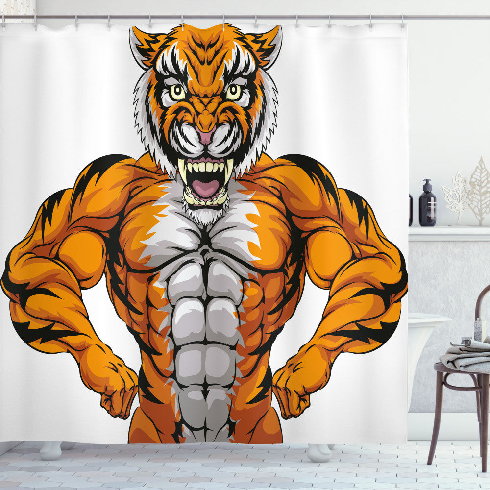 Wildlife Safari Tiger Animal Print Shower Curtain in Pale Grey, Marigold, and Black