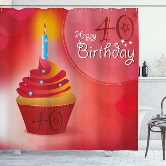 40th Birthday Cupcake Stars Orange, Blue, and Red Shower Curtain - A Colorful Addition to Your Bathroom Decor