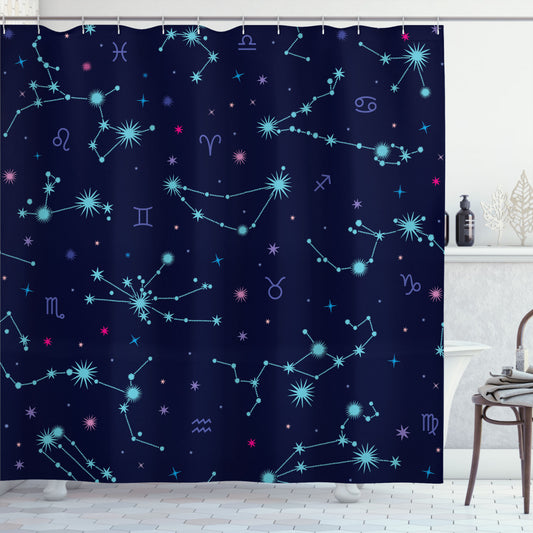 Astrology-Inspired Shower Curtain in Mint Green, Purple, and Pink: Horoscope Sign Dots