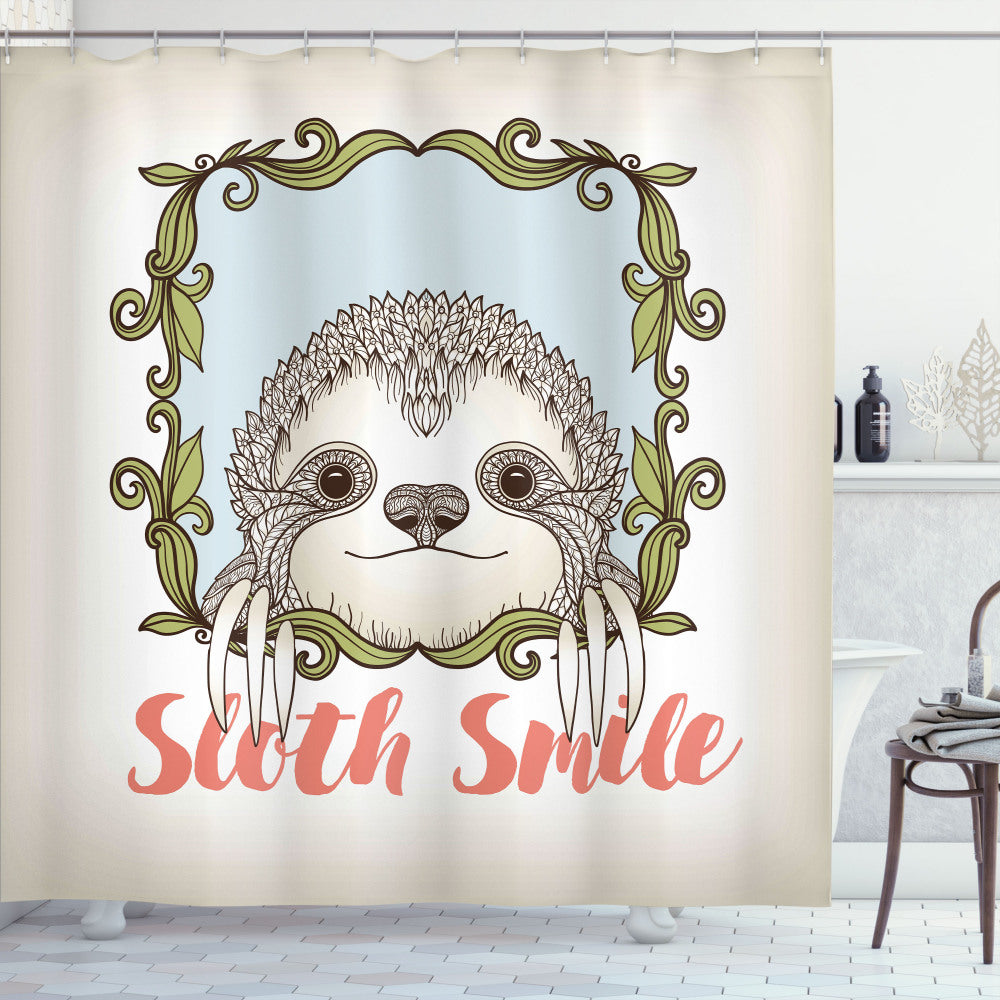 Animal Floral Frame Design featuring Sloth, Olive Green, Pink and Blue - Shower Curtain