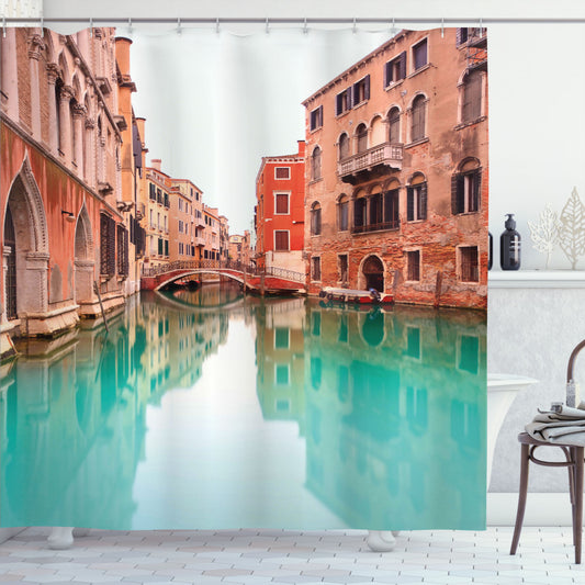 Venice-inspired Bath Curtain with Water Canal Bridge Boat Design in Turquoise and Cinnamon