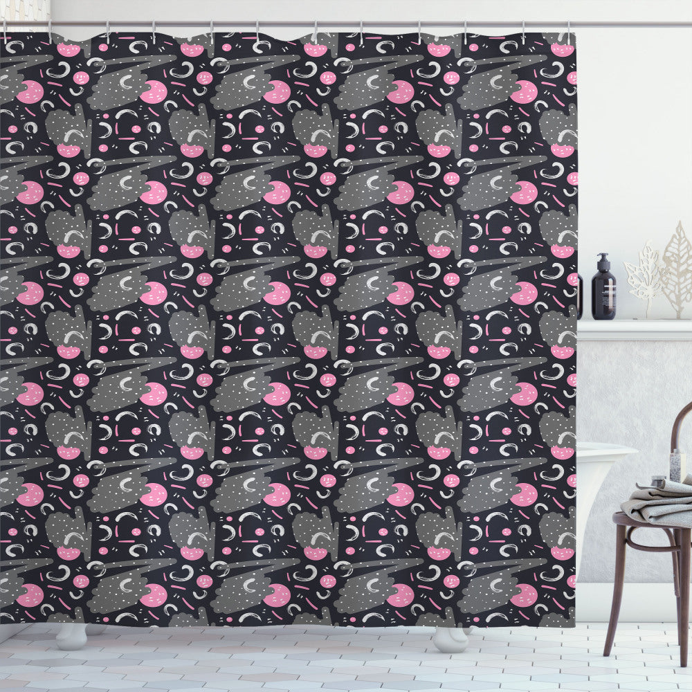 Abstract Fusion: Strokes, Dots, and Rounds in Pale Grey, Pink, and Dark Blue Grey Shower Curtain