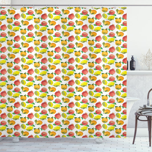 Watercolor Citrus Pomegranate Shower Curtain in Fruit Marigold Yellow, Dark Salmon, and Fern Green Tones