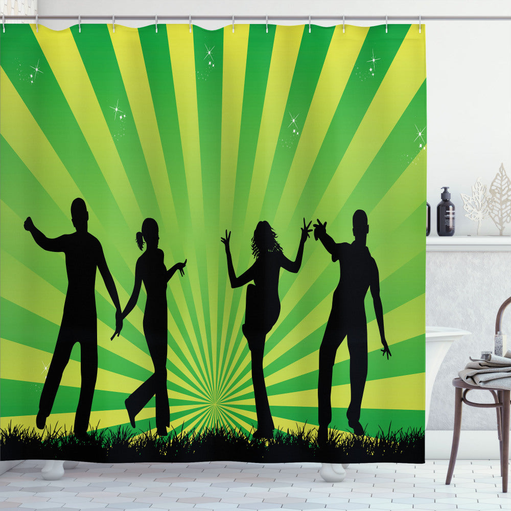 Youthful Silhouette Art of Dancing Shadows: Pale Avocado Green, Apple Green, and Charcoal Grey Shower Curtain