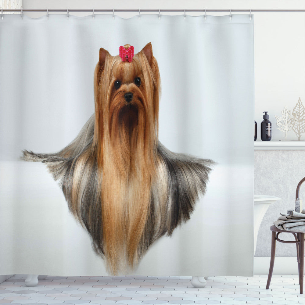 Yorkie Inspired White and Brown Groomed Hair Shower Curtain